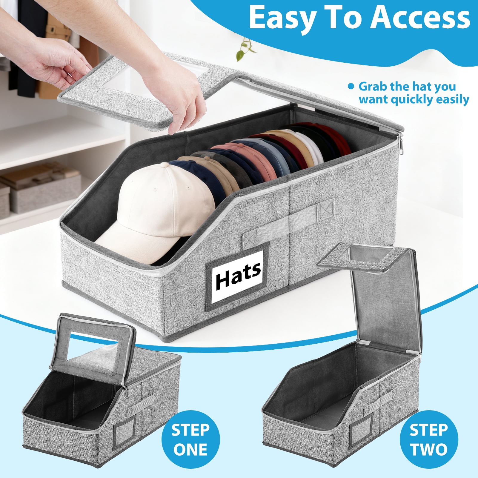 Lumikrypt 4 Pcs Stackable Hat Storage for Baseball Caps, Hat Organizer with Clear Window Lid, Holds up to 24 Caps Hat Organizer for Closet with Cardboard, Breathable Fabric(Grey)