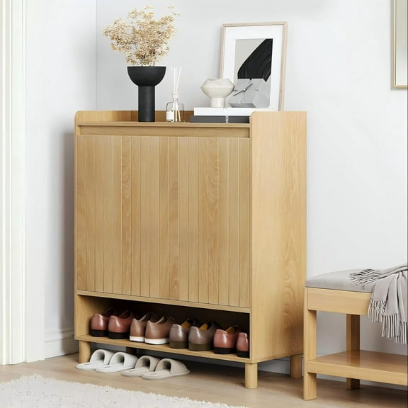 Shoe Cabinet for with Line Grooved Doors, 5-Tier Wooden Shoe Organizer Cabinet for Entryway, Hallway, Closet, Living Room, Natural Oak
