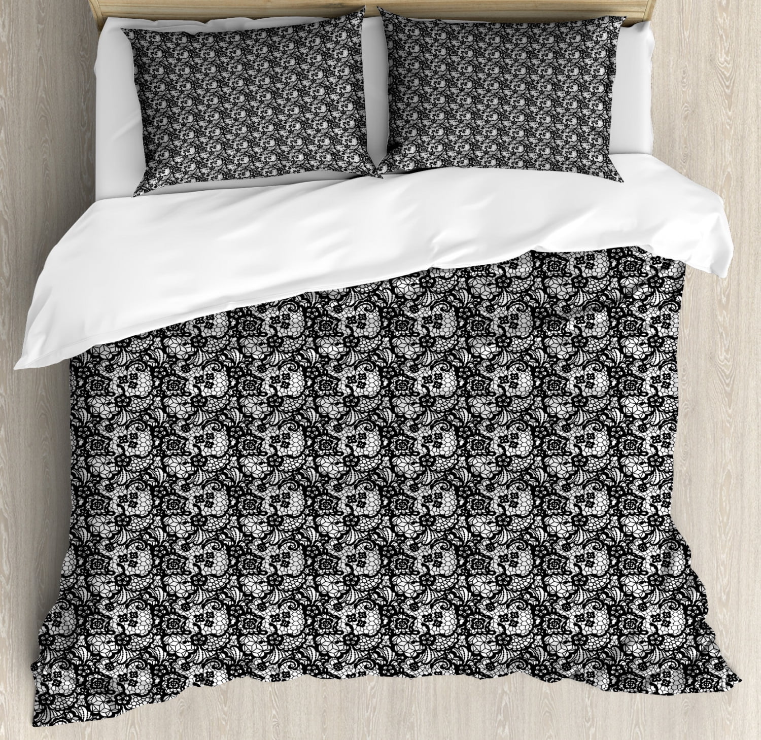 Black and White Queen Size Duvet Cover Set, Monochrome Lace with