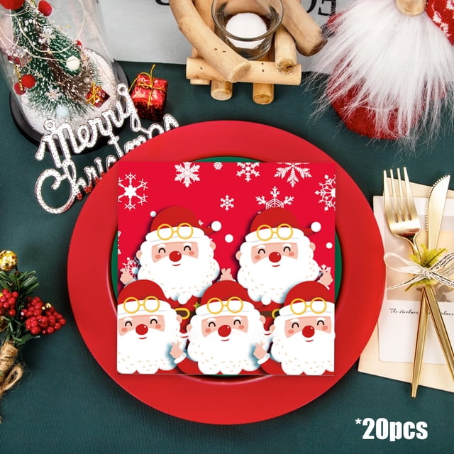 Santa Claus Paper Napkins 20-Count, 6.5x6.5 Inch Holiday Dinner Napkins for Christmas Party Decor, Festive Santa and Snowflake Print, Eco-Friendly Paper Party Supplies for Holiday Table Setting