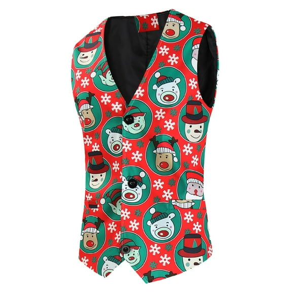 Mens Christmas Printed Pocket Buttons Sleeveless V Neck Vest Jacket Suit Vest