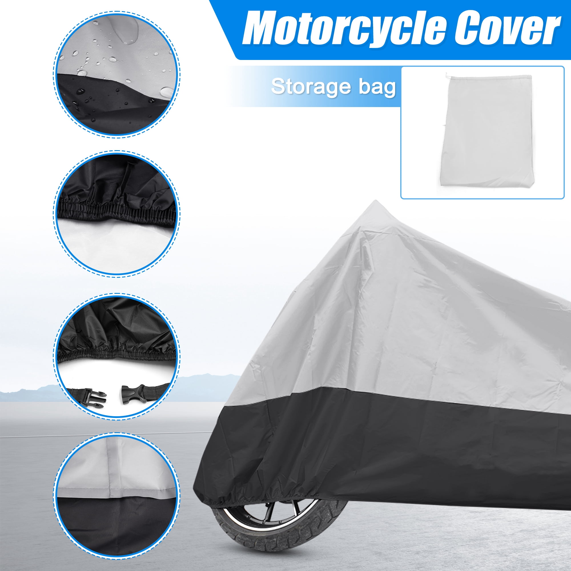 Unique Bargains 180T Motorcycle Cover Scooter Rain Dust UV Protector Silver Black L