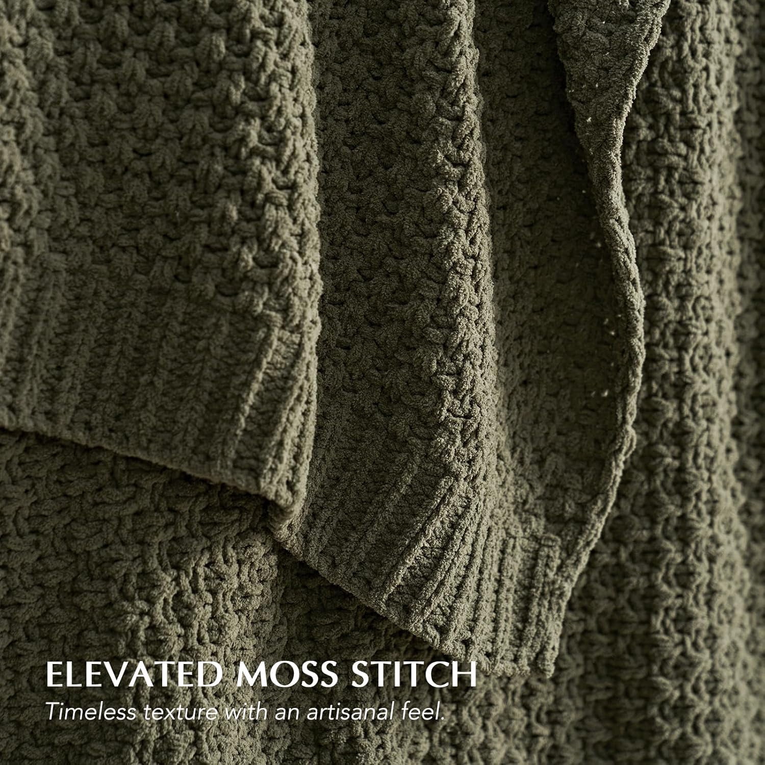 EVERGRACE Chunky Chenille Knit Throw Blanket for Couch, Soft Luxurious Moss Stitch Blankets for Bed, Cozy Decorative Farmhouse Knitted Throws for Sofa, Olive Green, 50" x 60"