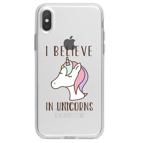 DistinctInk Clear Shockproof Hybrid Case for iPhone XR (6.1" Screen) - TPU Bumper Acrylic Back Tempered Glass Screen Protector - I Believe in Unicorns