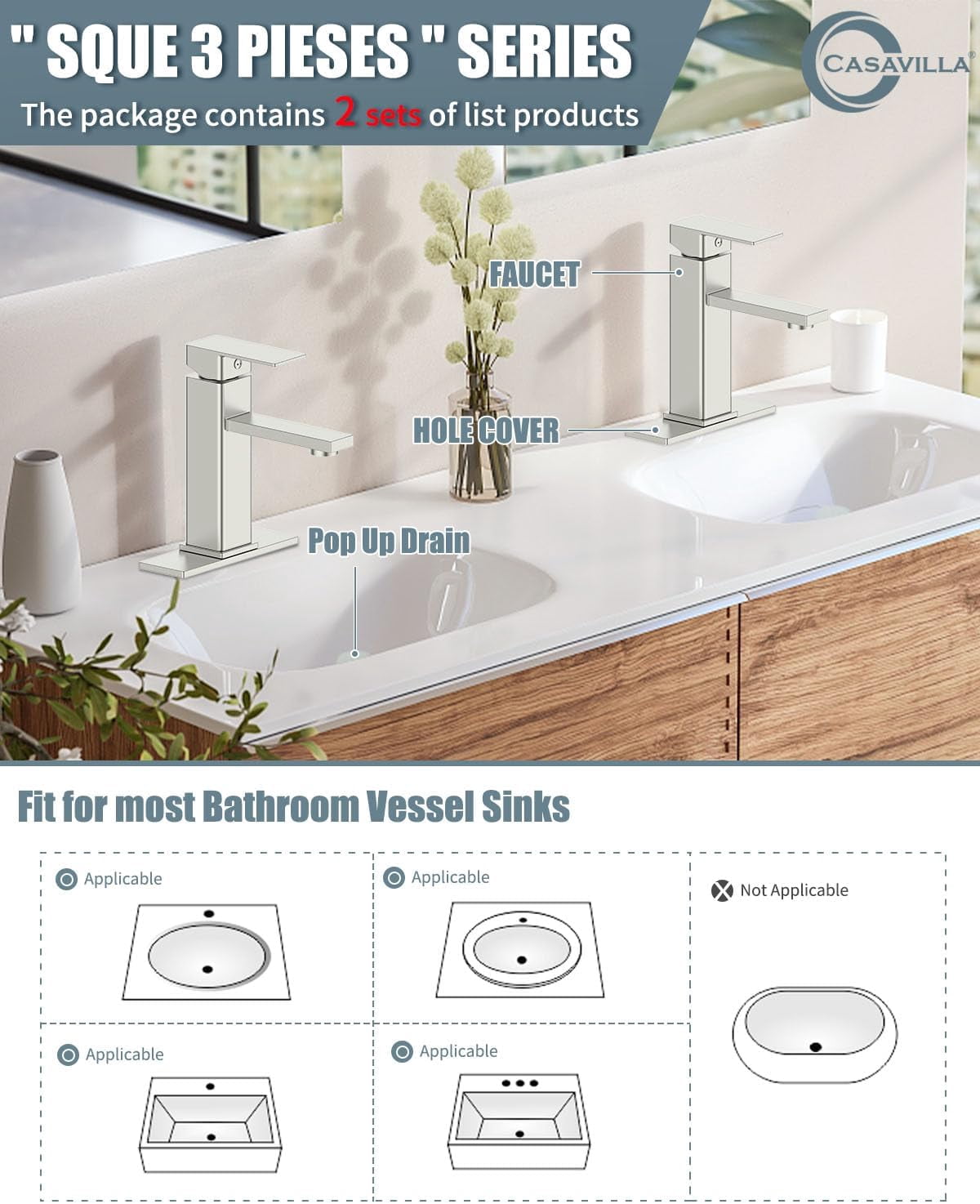 Bathroom Faucets Set with Pop Up Drain, Modern Single Handle Black Bathroom Sink Faucet w/Deck Plate(1 or 3 Hole), Farmhouse RV Vanity Sink Faucet-2 Sets, baño lavamanos Llave