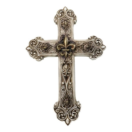 Rustic Royal French Fleur De Lis Emblem with Ornate Scrollwork Wall Cross Decor