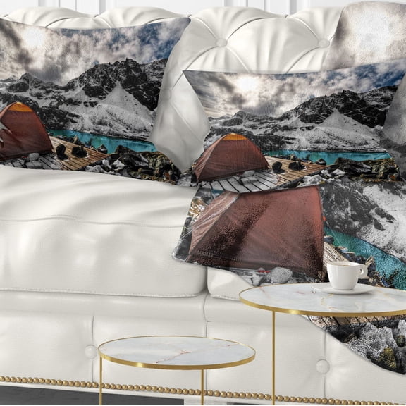 Designart Campsite above Turquoise Lake - Landscape Printed Throw Pillow - 12x20