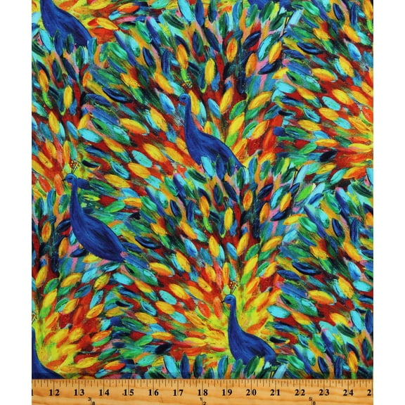 Cotton Peacocks Feathers Painted Plumes Plumage Peafowl Birds Nature Peacock Party Cotton Fabric Print by the Yard (PWSP023MULTI)