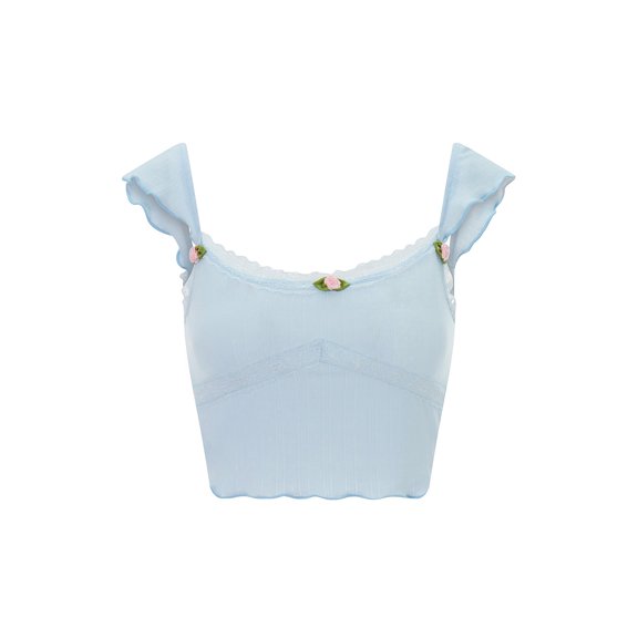 Baby Sweetie Women's Crop Tank Tops Slim Fit Scoop Neck Cap Sleeve Backless 3D Flower Lace Trim Short Tops