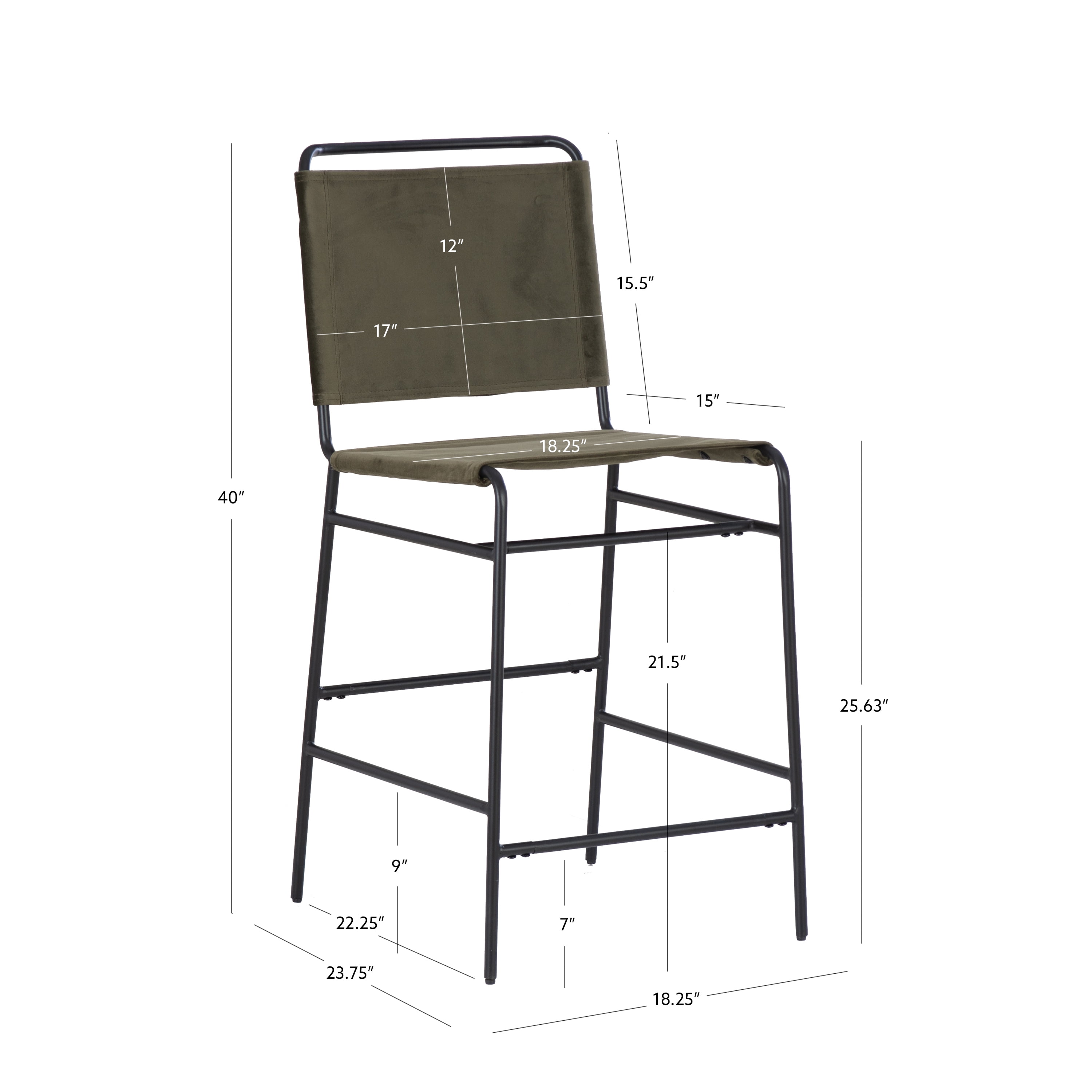 Linon Willey Counter Stool Forest Green Velvet Sling Seat Steel Frame in Black