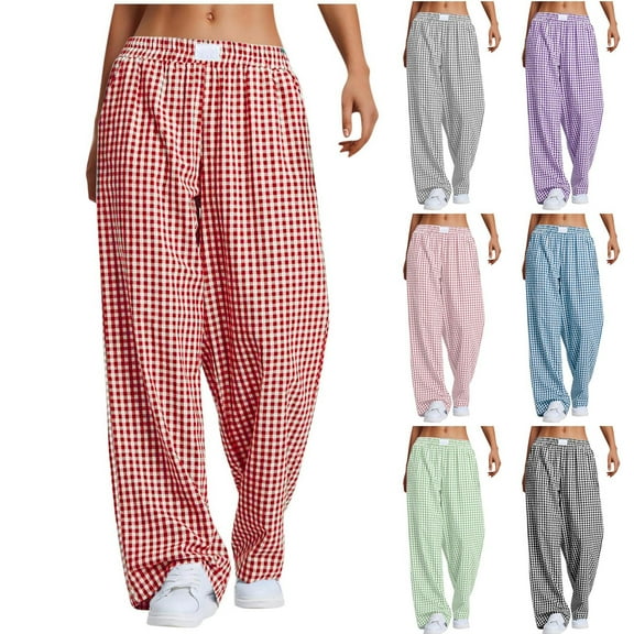 UVEASISHA Plaid Pants for Women Elastic Waist Gingham Lounge Trousers Wide Leg Low Waist Pajama Pants with Pockets Pink L