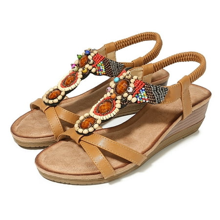 

Sandals Women Women Ladies String Bead Casual Wedges Elastic Band Bohemian Beach Shoes Sandals Womens Sandals Pu Brown 40