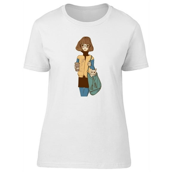Cute Girl With Kitten & Coffee T-Shirt Women -Image by Shutterstock, Female x-Large