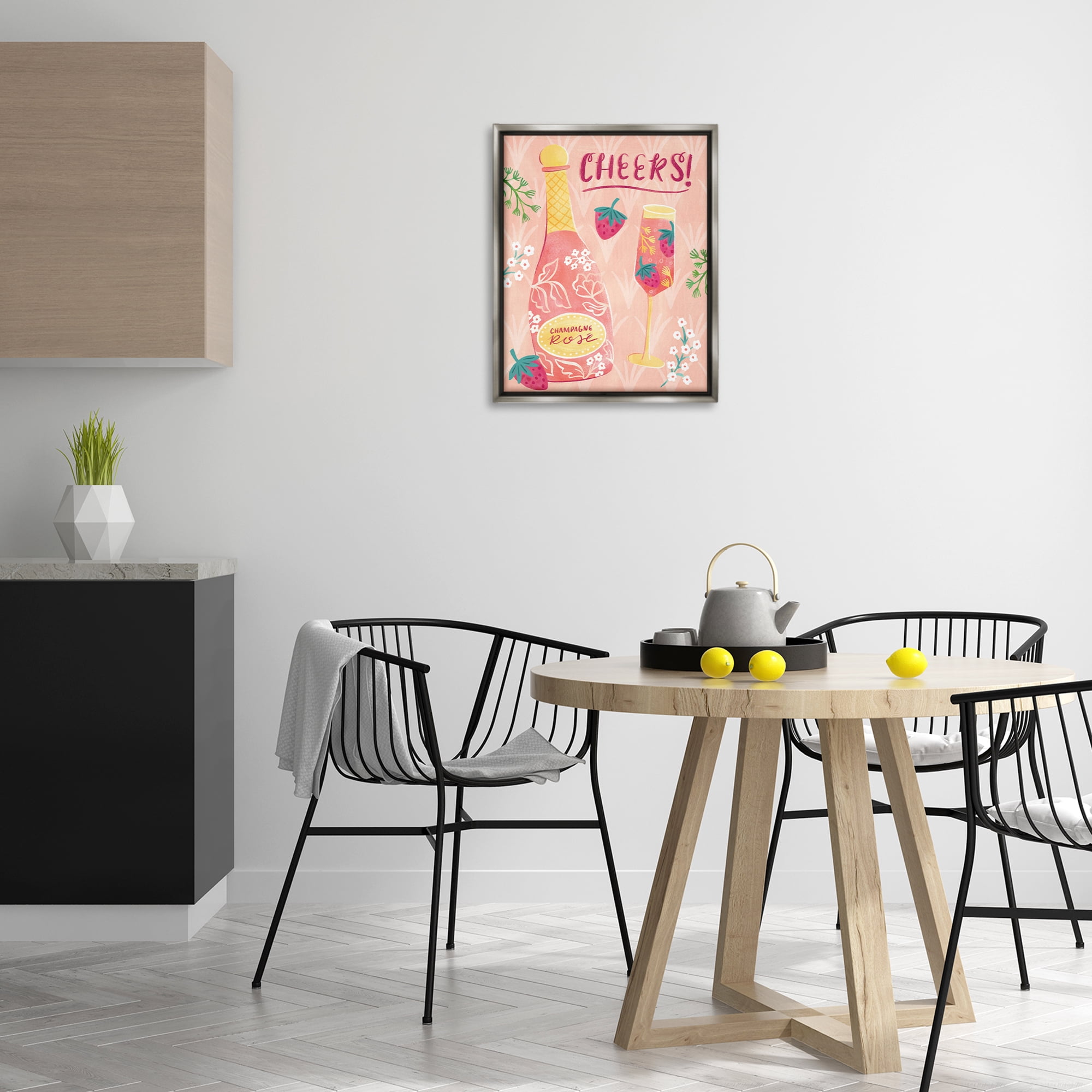 Stupell Industries Floral Rose Champagne Food & Beverage Painting Gray Floater Framed Canvas Art Print Wall Art, 17 x 21