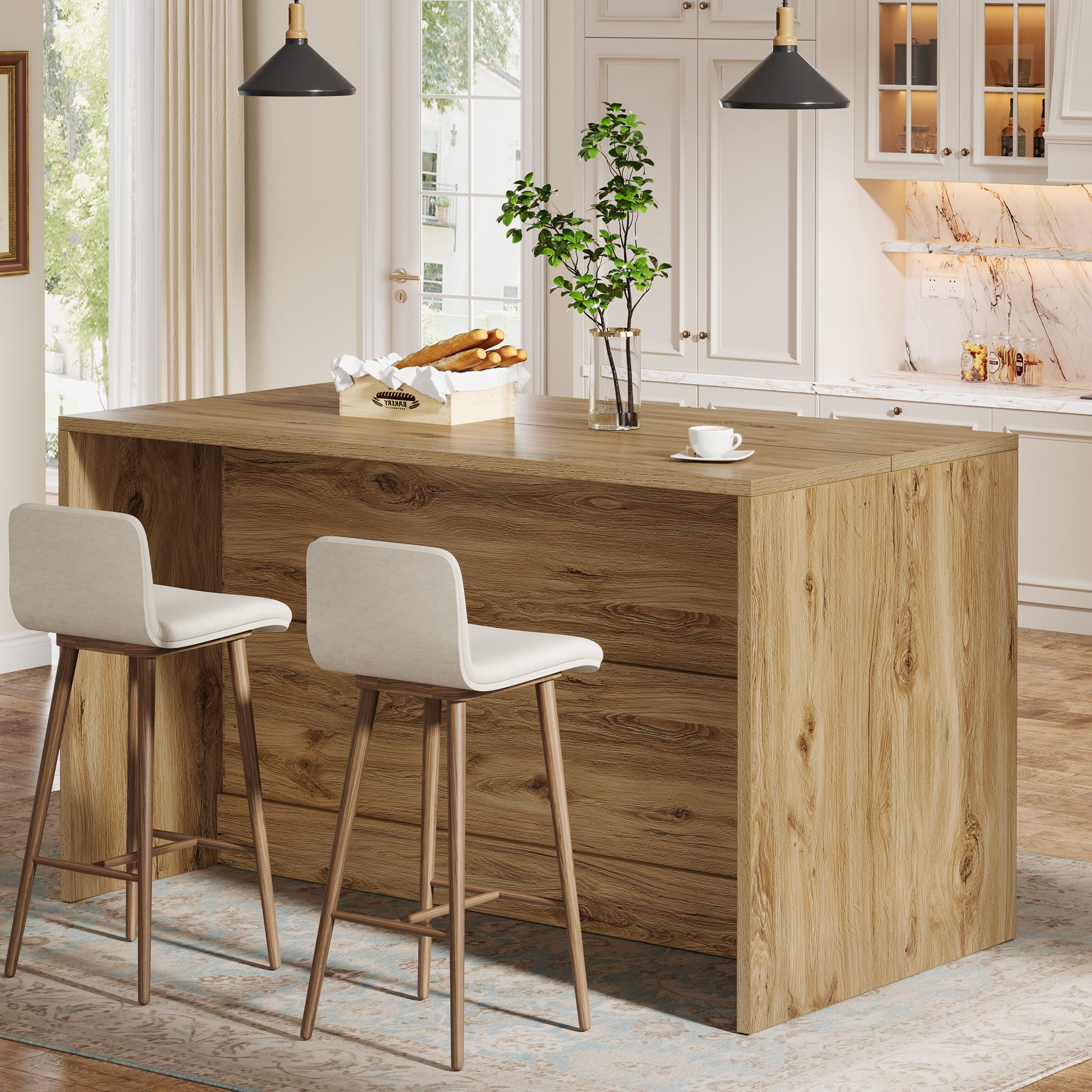 Finmind 59-inch Kitchen Island with Storage, 3-Tier Farmhouse Stationary Island Table with Spaciouse Tabletop and Seating Area for Dining Room, Kitchen, Light Wood