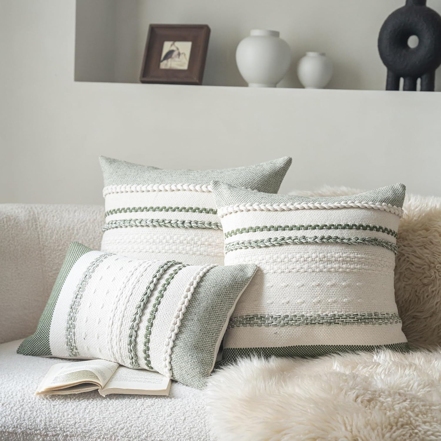 Throw Pillow Covers 18x18 Inch Set of 2, Green Textured Decorative Couch Pillow Cases for Farmhouse Home Decor, Accent Cushion Cover for Sofa, Bed, Living Room, Bedroom