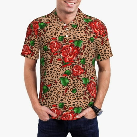 Goofa Rose Mix Leopard 1 Print Mens Polo Shirts Quick Dry Short Sleeve Golf T Shirt Performance Moisture Wicking Casual Workout-Large