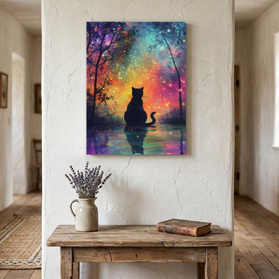 Black Cat Silhouette Canvas Wall Art for Living Room Bedroom Bathroom, Starry Night Enchanted Forest Fantasy Canvas Art Wall Decor, Artwork for Walls Home Office Decor, 16"x24"