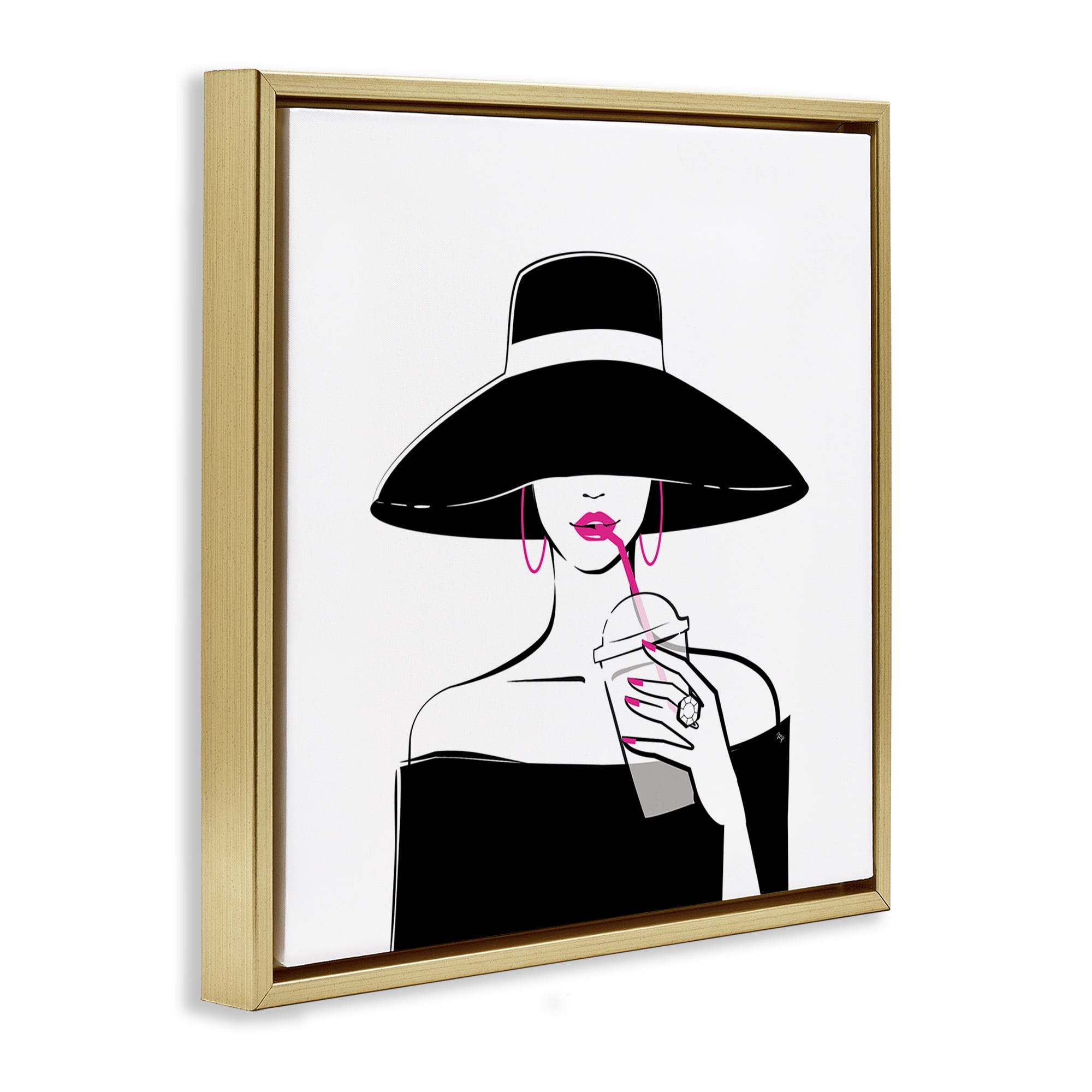 Stupell Industries Chic Black Hat Sipping Coffee Gold Framed Floater Canvas Wall Art, design by Martina Pavlova