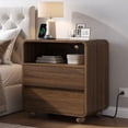 thumbnail image 6 of Aufeile Curved Wood End Table with Charging Station, 23.6" Large Side Table with 2 Drawers & Storage Shelf, Modern Accent End Table for Living Room or Bedroom, Walnut, 6 of 8