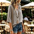 thumbnail image 6 of VBVC Women's Gingham V Neck Blouse, Ladies' 3/4 Sleeve Summer Tunic Top, Casual Loose Fit Checkered Shirt For Women, Brown , S-3XL, 6 of 8