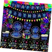 SKYSONIC 241 PCS Glow Neon Party Supplies Set Including Neon Glow Tableware, Neon Balloons, Glow in The Dark Birthday Banner, Hanging Stars, and Cake Toppers for Party Decoration Serving 20 (Glow
