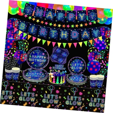 SKYSONIC 241 PCS Glow Neon Party Supplies Set Including Neon Glow Tableware, Neon Balloons, Glow in The Dark Birthday Banner, Hanging Stars, and Cake Toppers for Party Decoration Serving 20 (Glow