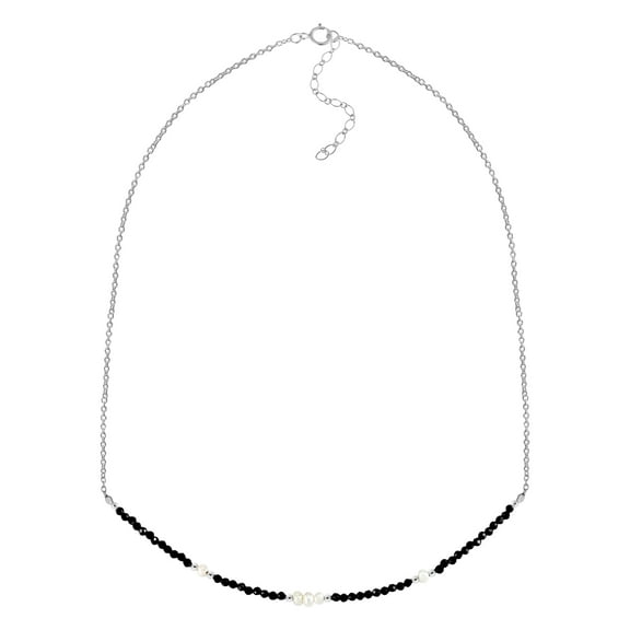Fashionable Black Crystal Beads and Pearls Sterling Silver Chain Necklace
