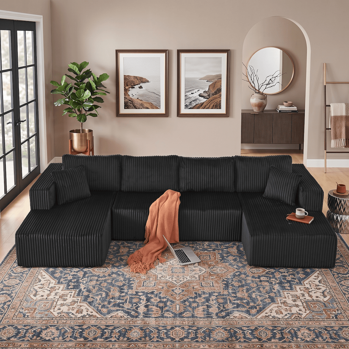 132" Cloud Couch Modular Sectional Sofa, U Shaped Sleeper Sofa Bed, Oversized Chaise, Reversible Corduroy Modular Couch for Living Room, Apartment, No Assembly (Black)
