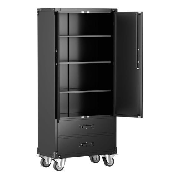 Black 2-Door Drawer Wheeled Metal Garage Tool Storage Cabinet