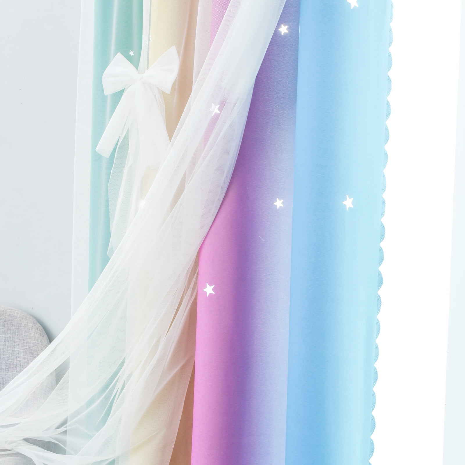 DONGPAI Blackout Stars Curtains for Kids Girls Bedroom Double Layers Star Cut Out Rainbow Curtains Home Window Decoration Curtain, 51" x 84", 1 Panel