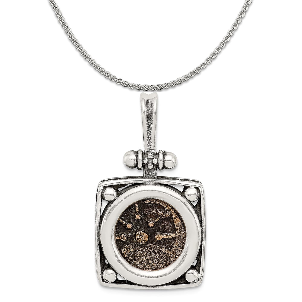 Sterling Silver And Bronze Antiqued Widows Mite Coin Pendant (23mm X 18mm)  With Sterling Silver Rope Chain Necklace 20