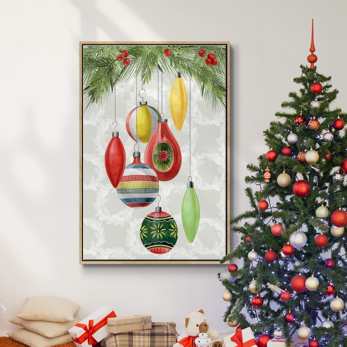 Arose Such a Clatter Collection B - Framed Gallery Wrapped Holiday Canvas - 25 x 37 - Natural Wood Frame