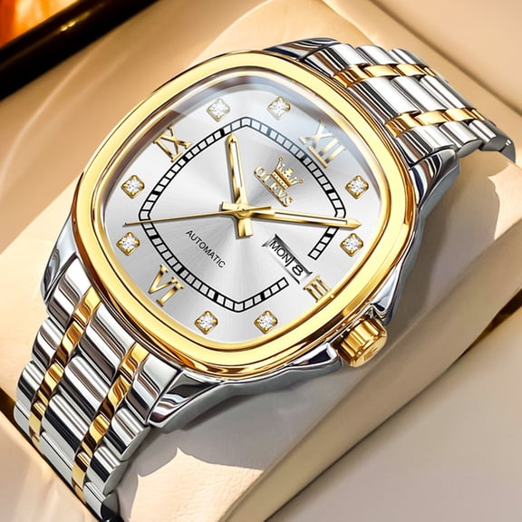 OLEVS Automatic Watches for Men Self Winding Mechanical Classic Dress Square Luminous Multi Calendar Stainless Steel Casual Mens Watches with Date Men Wrist Watches Reloj para Hombre
