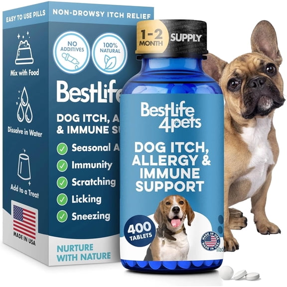 BestLife4Pets Dog Allergy Relief & Immune Support - Natural Holistic Itch Relief for Dogs - 400 Pills