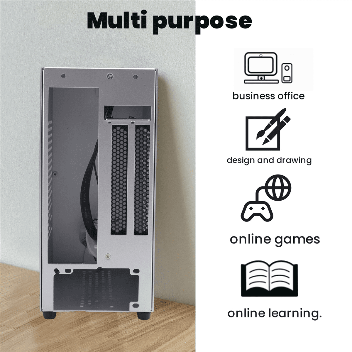 A07 Mini ITX Computer Case Chassis HTPC Host Case USB3.0 ITX Enclosure with Graphics Card Extension Cable(B),1 * Mini ITX case 1 * Extension Cable,silver