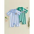 thumbnail image 3 of BemeyourBBs Newborn Baby Baby Football Outfit Infant Baby Boys Summer Fall Clothes Football Romper 0 3 6 12 18 Months Striped Soccer Print Short Sleeve Half Button-up Collared Jumpsuit Playsuit, 3 of 9
