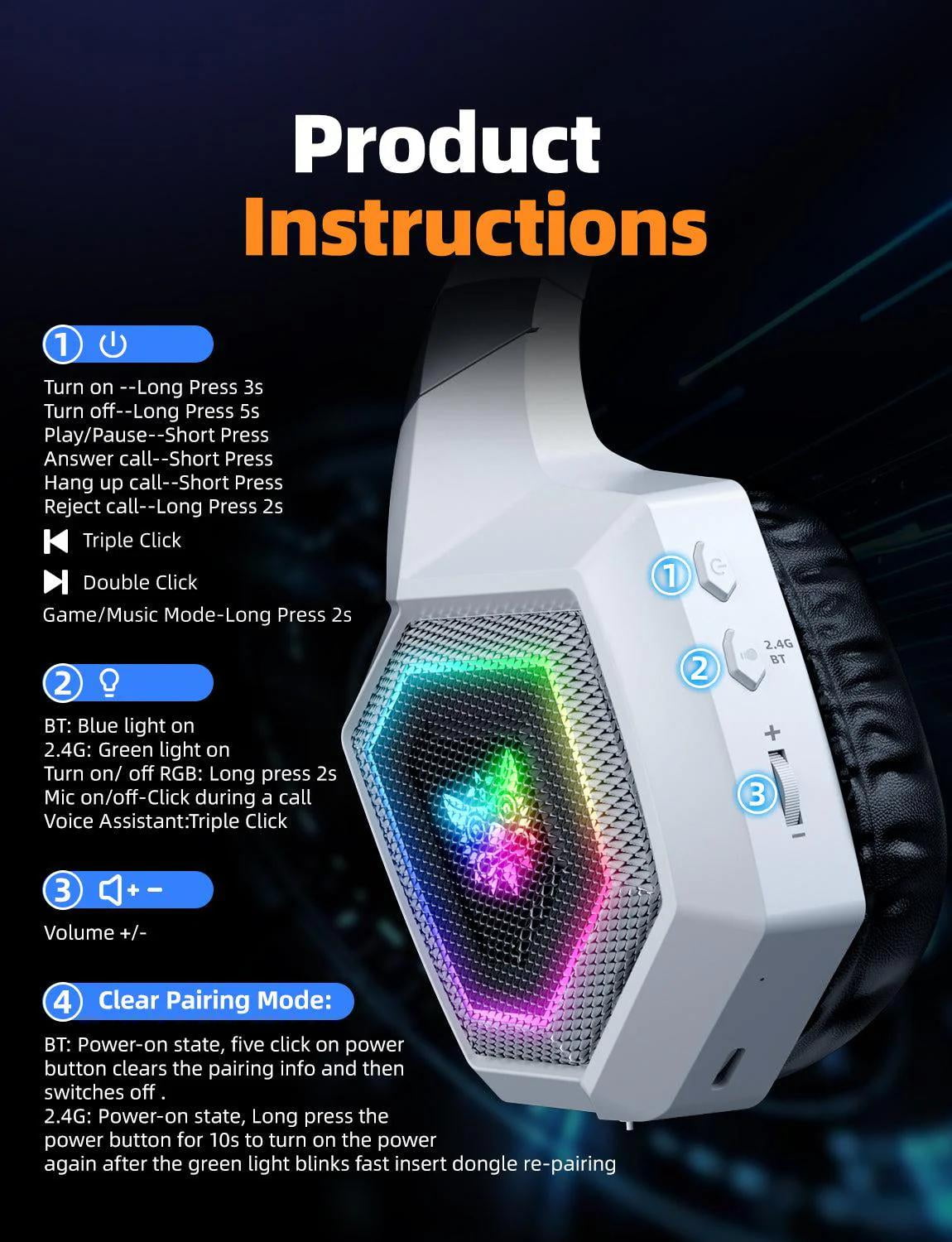Wireless Gaming Headset for PS5/PC/PS4/Nintendo Switch,2.4G/Bluetooth Gaming Headphones with Detachable Noise Canceling Mic,7.1 Surround Sound,RGB Lighting White