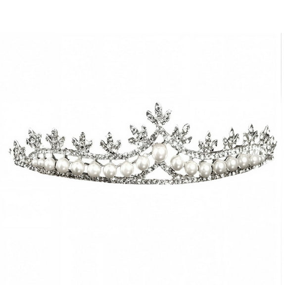 DESIGNICE Crown Alloy Electroplating with Pearls and Rhinestones Birthday Crown Elegant Design with Adjustable Comb Crowns for Women 12x5cm,White