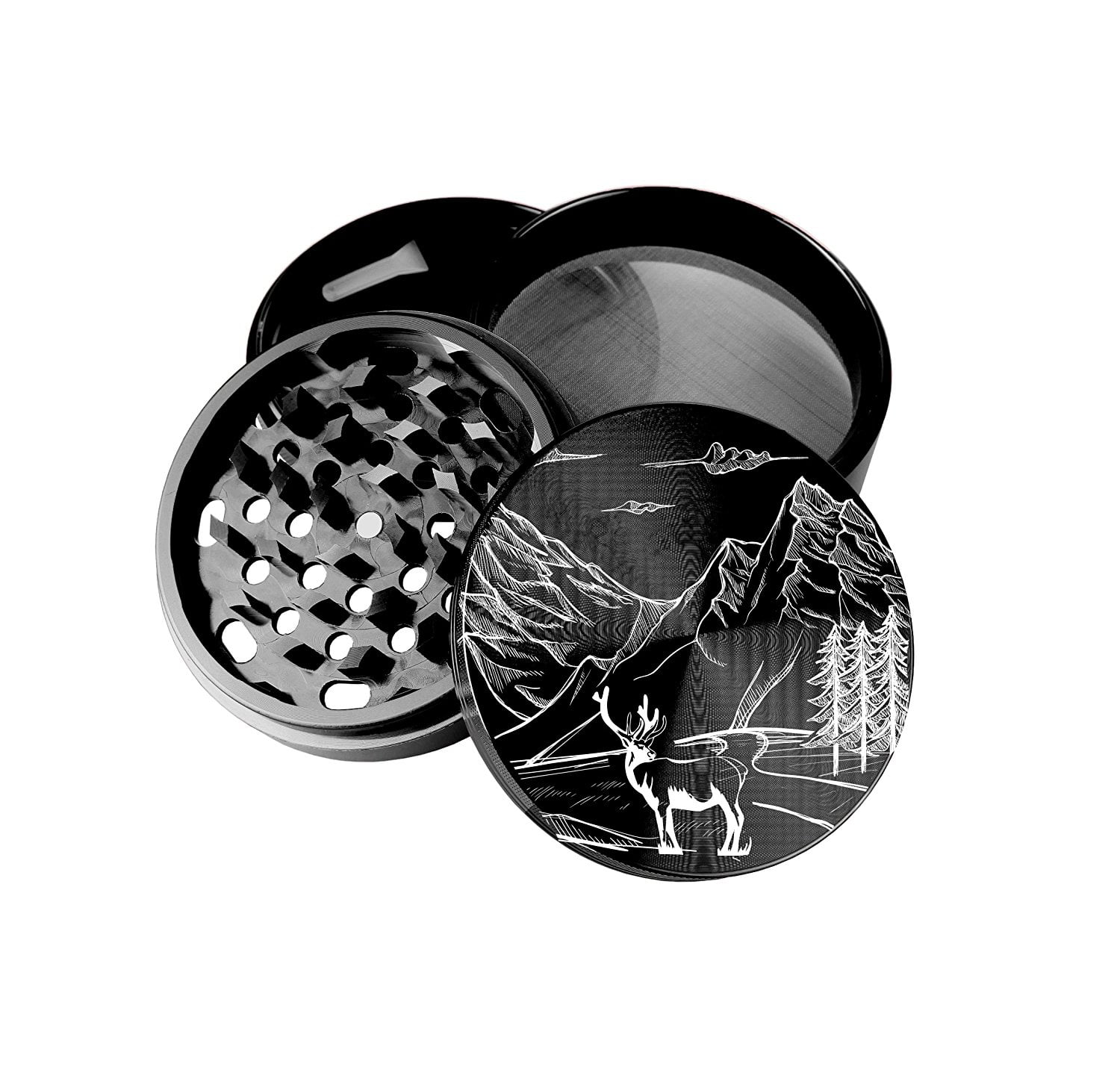 4 Piece Magnetic 2.5 Inch Black Herb Grinder Spice Aluminum With Scoop