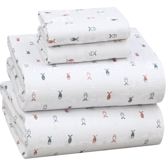 RUVANTI Flannel Sheets Queen Size - 100% Cotton Double Brushed Bed Sheets, Deep Pockets 16 Inches Queen Sheet Set, All Seasons Breathable & Extra Soft - Warm & Cozy, 4 Piece, Little Swimmers