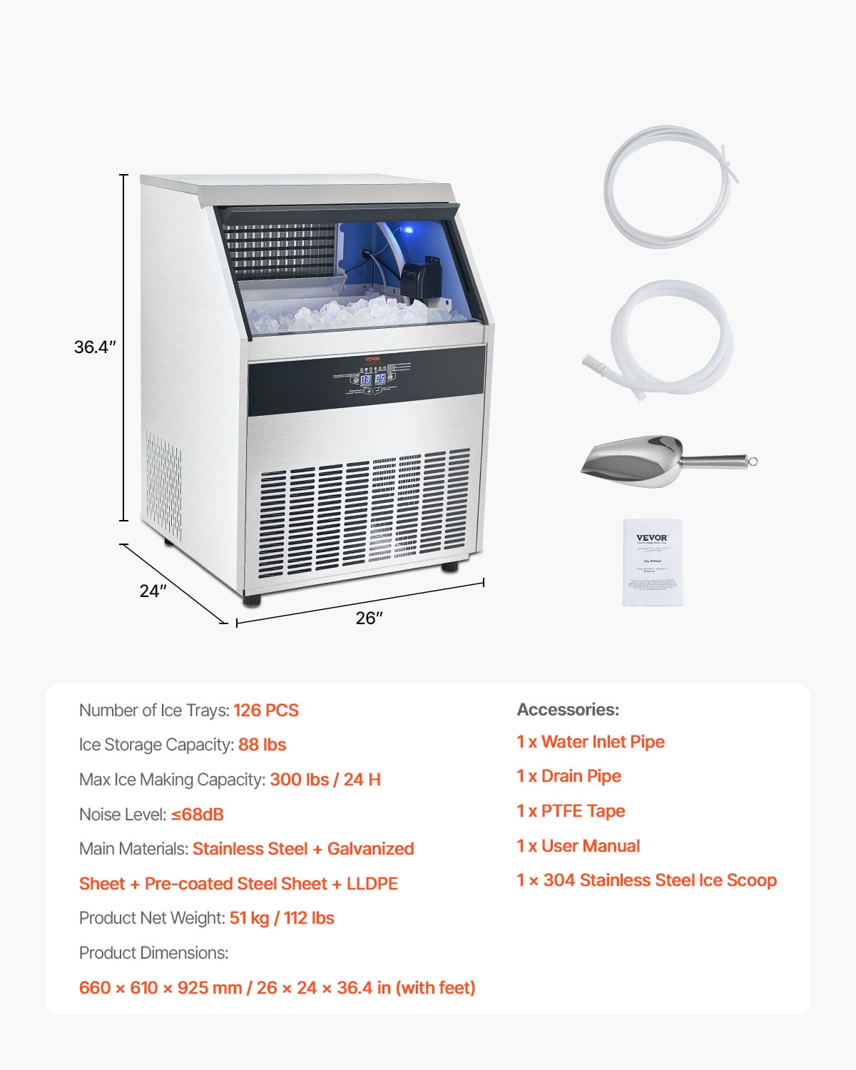 VEVOR 300lbs/24H Commercial Ice Maker,126 Ice Cubes in 15 Minutes, Freestanding Ice Maker Machine with 88lbs Large Storage Capacity for Bar Office Restaurant