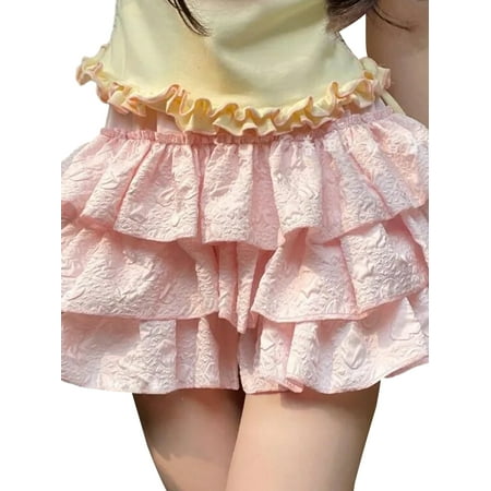 vera natura Women s Bloomers Shorts Solid Color 3D Wrinkled Layered Ruffle Elastic Waist Short Pants Summer Casual Shorts