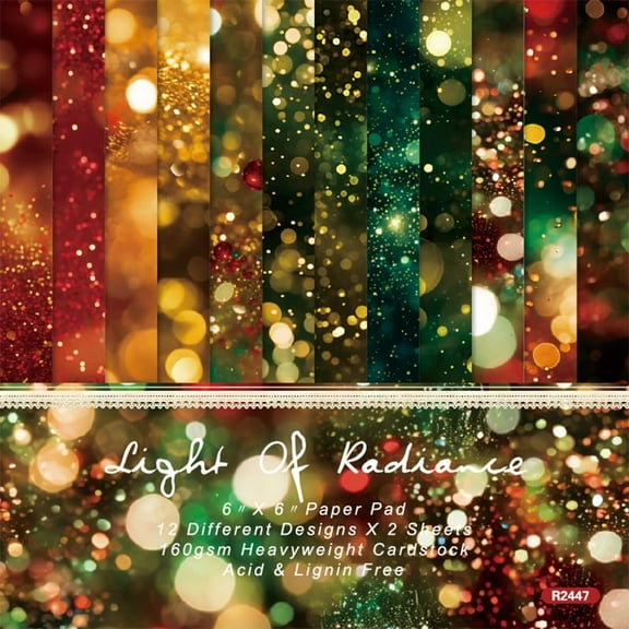 24Pcs Christmas Scrapbook Paper Pad 6 x 6in Colorful Background Light Shine Journal Greeting Cardstock Decorative Paper Sheets