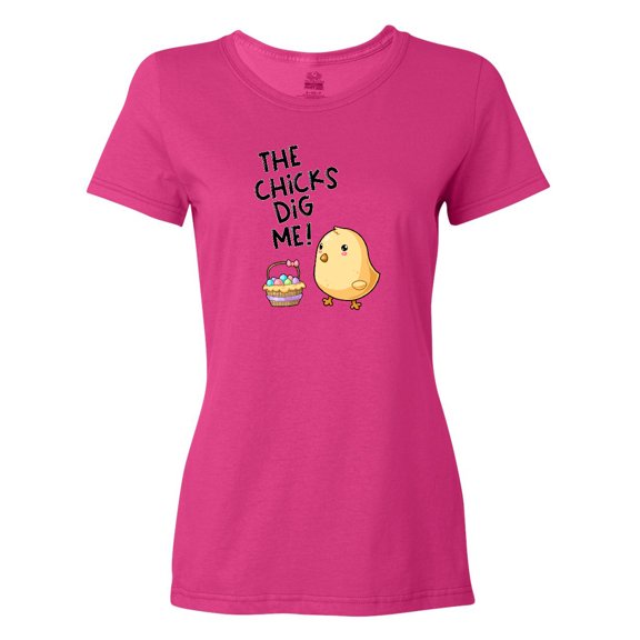 Inktastic The Chicks Dig Me Easter Baby Chick with Basket and Eggs Women's T-Shirt