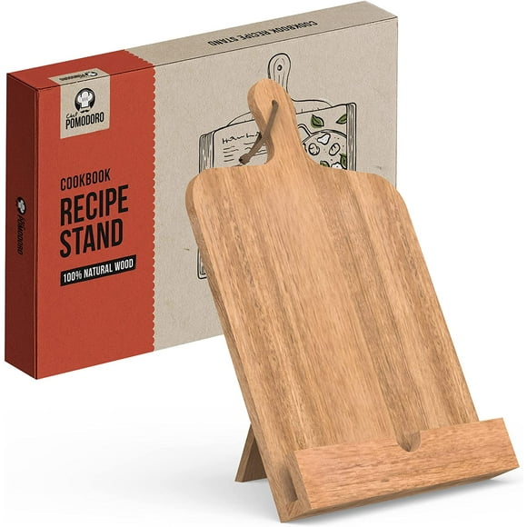 Chef Pomodoro Cookbook Recipe Stand, Recipe Book Holder for Kitchen, Fits iPad Tablets and Cookbooks, Adjustable Cookbook Holder (Acacia Wood)