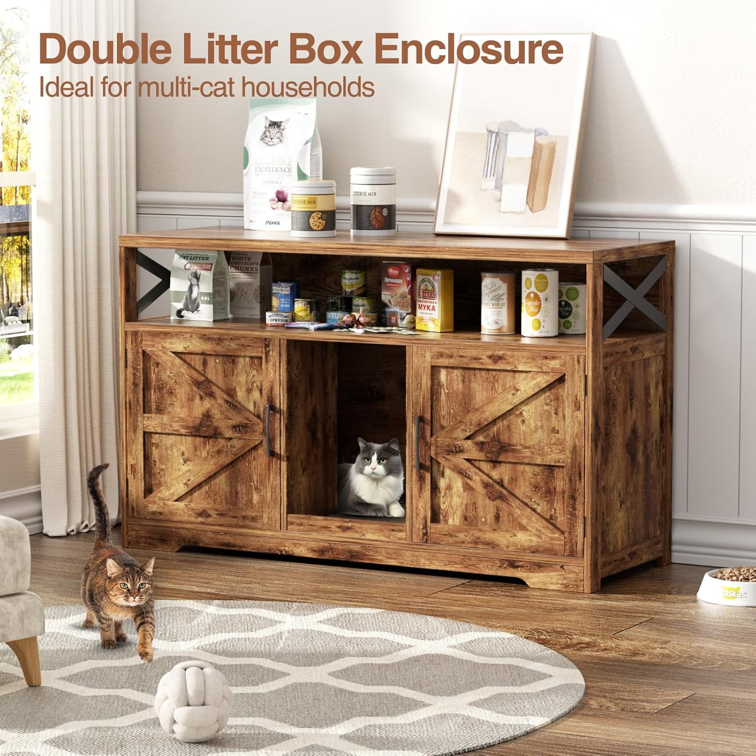 VEANERWOOD 47" Large Wood Cat Litter Box Enclosure, Hidden Cat House Washroom Furniture with Scratch Pad and Storage Shelf