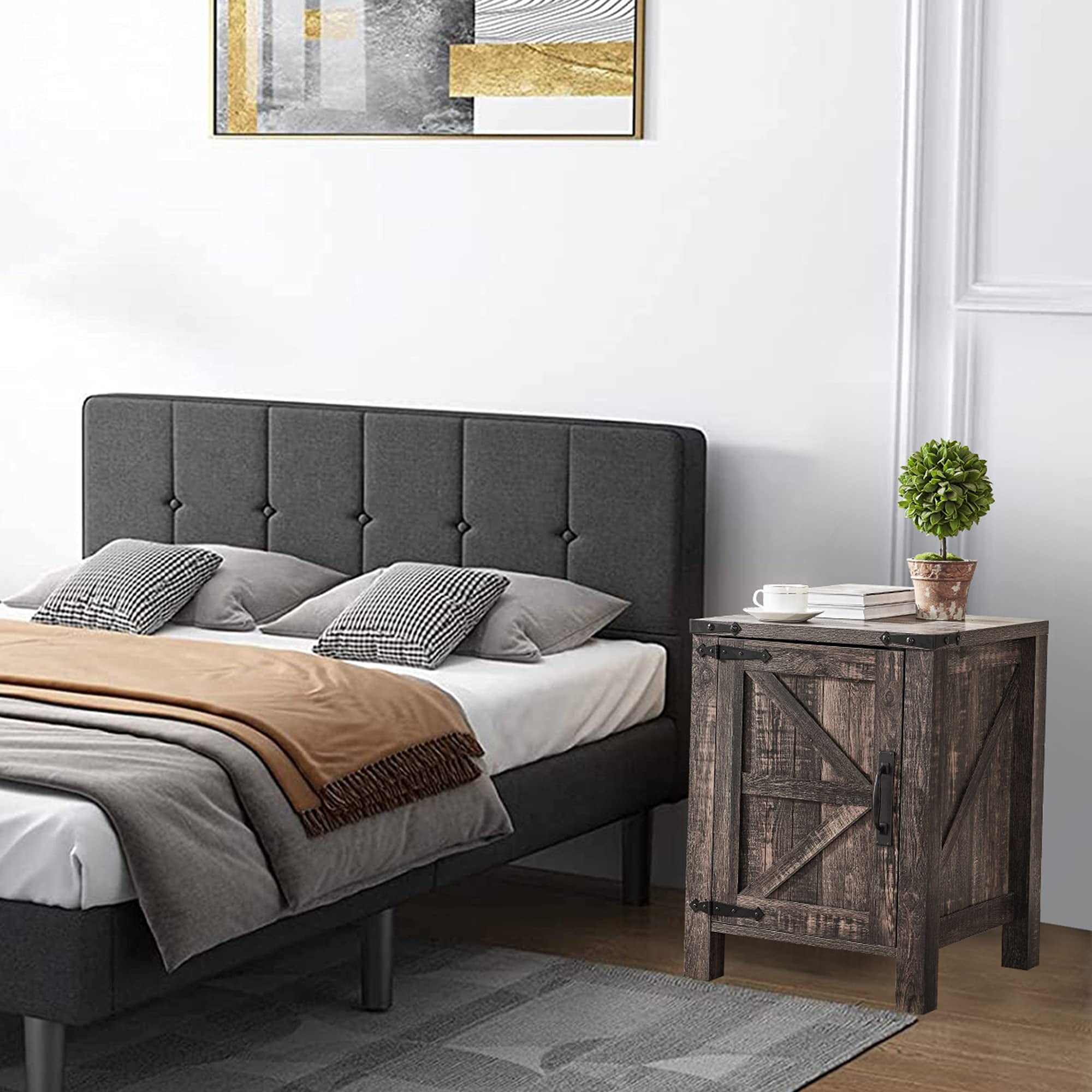 OKD End Table with Charging Station, Farmhouse Rustic Wood Side Table for Living Room, Bedroom, Dark Rustic Oak