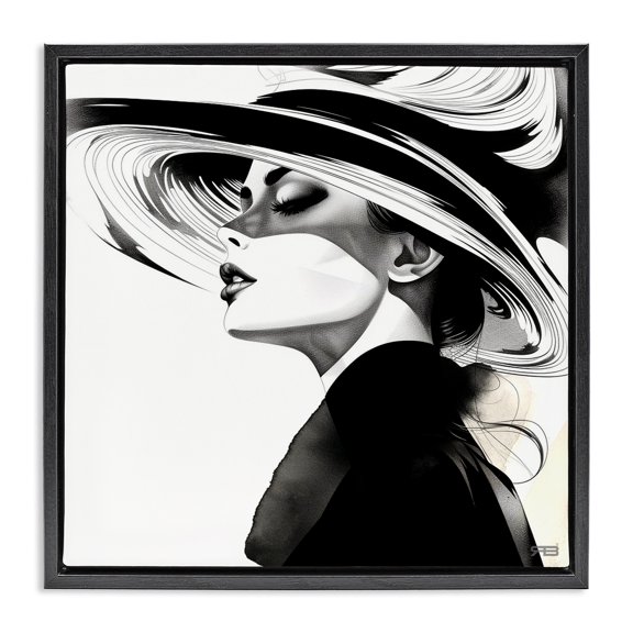Stupell Industries Modern Woman & Abstract Hat Black Floating Frame Canvas Art, 18 x 18, by RB