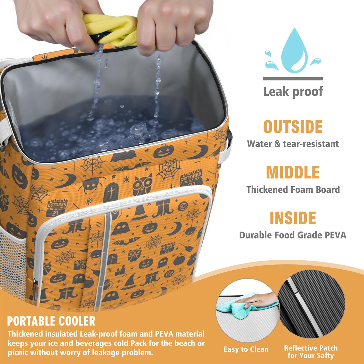 Travel Cooler Bag - Halloween Minimalist Icons Pattern Camping Beer Cooler Backpack with Bottle Opener- Waterproof Insulated Picnic Backpacks - Cooler Bag for Beach